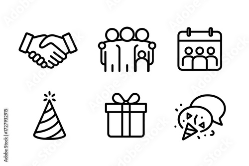 Reunion Icons Outline. Outline icon set of reunion events: handshake, group hug, family photo, calendar, party hat, gift box, confetti, speech bubble. Line