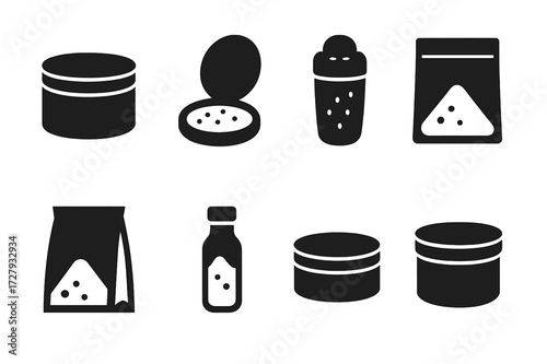 Black Powder Container Icons. Solid, filled icon set of powder containers: powder jar, compact case, shaker bottle, plastic bag, paper pouch, glass vial, metal