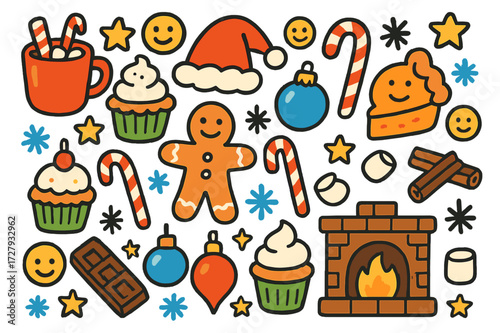 Festive Holiday Treats. Holiday treats. Colorful Hand-drawn doodle Children illustration Gingerbread cookies, candy canes, hot cocoa, cupcakes, chocolate, pie,