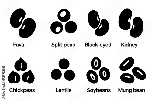Legume Icon Grid. Solid, filled icon set of legumes and pulses: fava beans, split peas, black-eyed peas, kidney beans, chickpeas, lentils, soybeans, mung