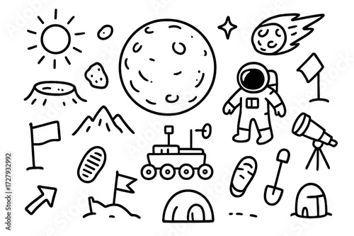 Mars Exploration Doodles. Hand-drawn doodle illustration Mars surface planet Mars, crater, rock, mountain, rover, astronaut, footprint, flag, shovel, star,
