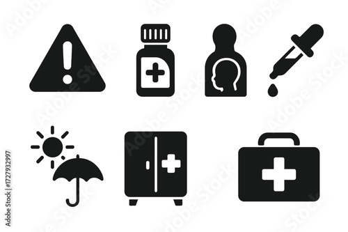 Essential Oil Safety Icons. Solid, filled icon set of essential oil safety: warning label, dilution bottle, allergy test, child lock, dosage dropper, sun