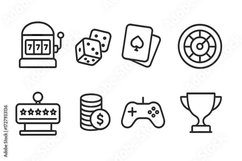 High Stakes Gaming Icons. Outline icon set of high stakes gaming: slot machine, dice roll, card game, roulette wheel, jackpot, coin stack, game controller,