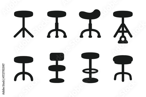 Ergonomic Stool Icons. Solid, filled icon set of stool safety and ergonomics: stable base, anti-slip feet, ergonomic seat, weight capacity, rounded edges, back