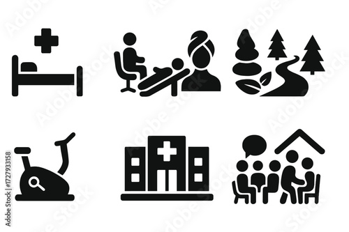 Recovery Icons Grid. Solid, filled icon set of recovery environment: hospital bed, therapy room, spa, nature trail, gym, clinic, support group, home care.