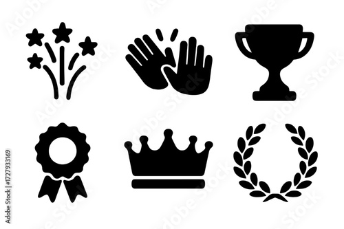 Honor Celebration Icons. Solid, filled icon set of honor celebrations: fireworks, applause, trophy, medal, ribbon, crown, certificate, laurel wreath. Solid,