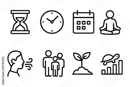 Patience Icon Set. Outline icon set of patience concepts: hourglass, clock, calendar, meditation pose, deep breath, waiting line, seedling growth, slow