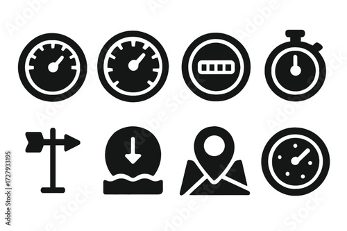 Navigation Instrument Icons. Solid, filled icon set of navigation instruments: speedometer, altimeter, odometer, chronometer, wind vane, depth gauge, GPS