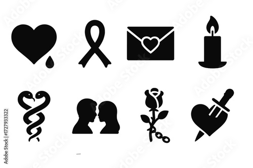 Dark Romance Icons. Solid, filled icon set of dark romance: bleeding heart, red ribbon, love letter, flame candle, entwined snakes, shadow couple, chained