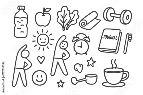 Daily Wellness Icons. Hand-drawn doodle illustration Daily wellness routine water bottle, apple, leafy greens, yoga mat, dumbbell, sun, bed, journal, clock,