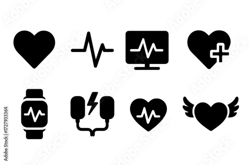 Heartbeat Icon Grid. Solid, filled icon set of heartbeat symbols: heart, pulse line, electrocardiogram (ECG), cardiogram monitor, heartbeat with plus sign,