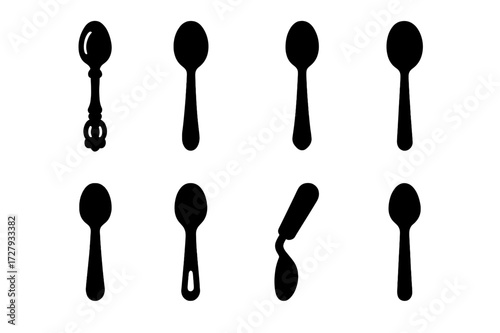 Diverse Spoon Icons. Solid, filled icon set of spoon styles: ornate spoon, minimalist spoon, vintage spoon, modern spoon, child?s spoon, camping spoon, folding