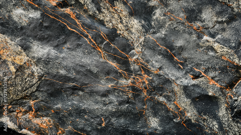 Fototapeta premium Close-up da textura de granito natural em tons escuros com veios alaranjados.