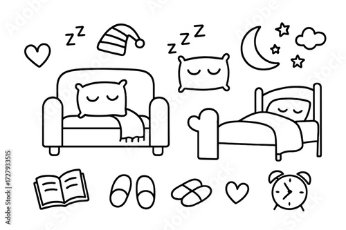Cozy Nap Icons. Hand-drawn doodle illustration Cozy nap couch, pillow, blanket, bed, closed eyes, Zzz letters, moon, stars, cloud, nightcap, slippers, clock,