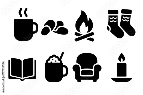 Cozy Icon Collection. Solid, filled icon set of hearth warmth and comfort: steaming mug, warm slippers, glowing fire, knitted socks, reading book, hot cocoa,