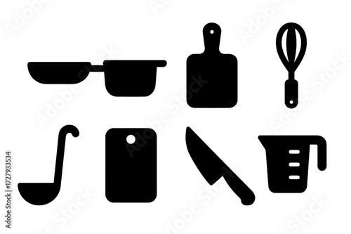 Cooking Utensil Icons. Solid, filled icon set of cooking utensils: frying pan, saucepan, spatula, whisk, ladle, cutting board, chef knife, measuring cup. [Line