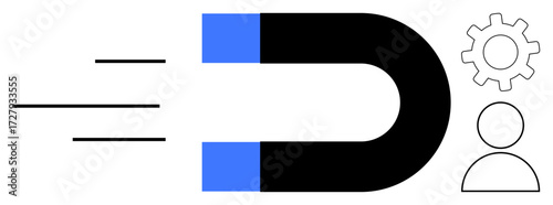 Magnet pulling lines toward itself accompanied by gear and user icon. Ideal for teamwork, marketing, attraction, engagement, strategy, customer retention, relationship. Simple flat metaphor