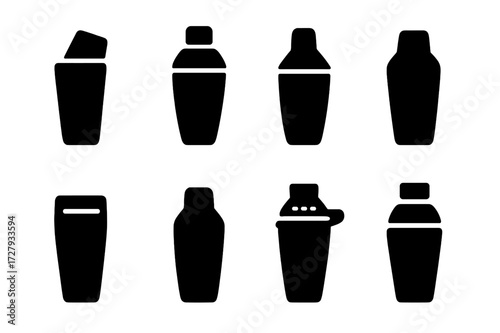 Shaker Icon Set. Solid, filled icon set of shaker types: Boston shaker, Cobbler shaker, French shaker, tin shaker, glass shaker, metal shaker, cocktail shaker