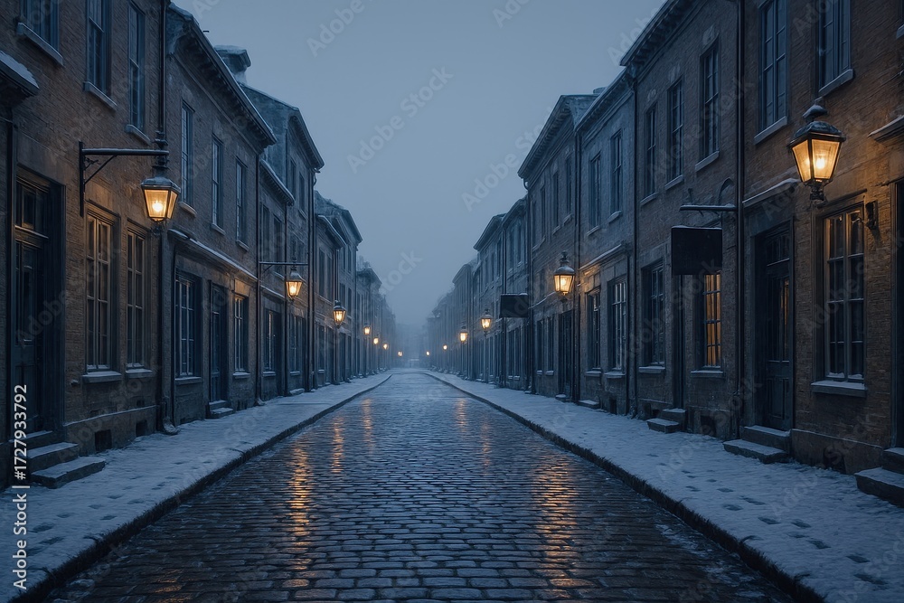 Fototapeta premium Historic city street at first snowfall warm lamplight over cobblestones winter dawn