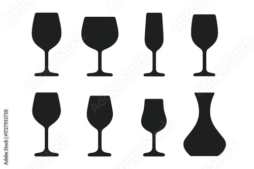 Wine Glass Icons. Solid, filled icon set of wine glass shapes: Bordeaux glass, Burgundy glass, Champagne flute, White wine glass, Rose glass, Dessert wine