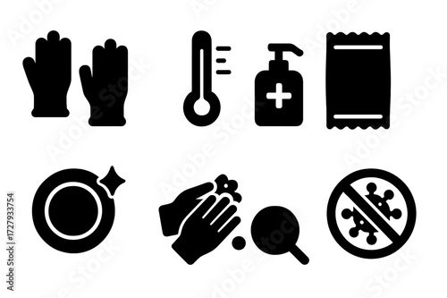 Food Safety Icons. Solid, filled icon set of food safety: gloves, thermometer, sanitizer, sealed package, clean plate, washing hands, no contamination sign,