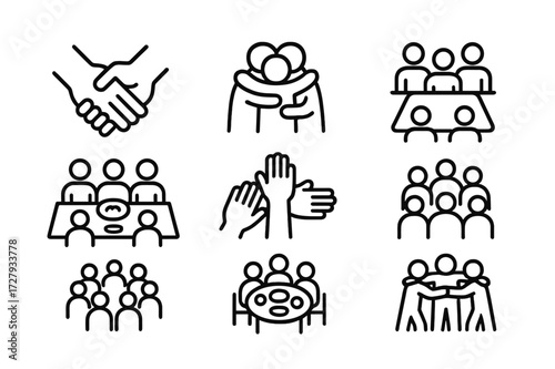 Togetherness Icon Set. Outline icon set of together concepts: holding hands, group hug, team meeting, family dinner, group high five, joint effort, circle of