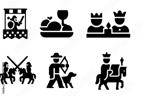 Baron Events Icons. Solid, filled icon set of baron events: tournament, feast, council meeting, jousting, hunting party, royal decree, banquet, procession.