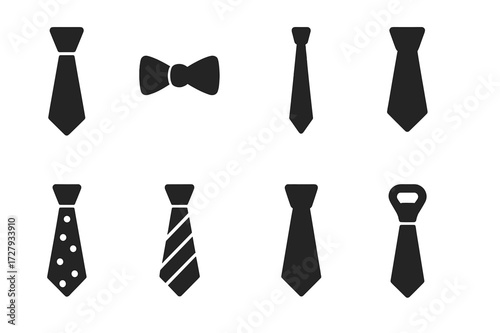 Tie Icon Set. Solid, filled icon set of ties: classic necktie, bow tie, skinny tie, wide tie, patterned tie, striped tie, solid color tie, clip-on tie. [Solid,