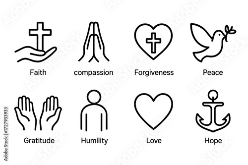 Spiritual Values Icon Set. Outline icon set of spiritual values: faith, compassion, forgiveness, gratitude, humility, peace, love, hope. Line icons in only