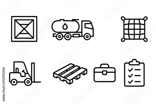 Field Logistics Icons. Outline icon set of field logistics: supply crate, fuel tanker, transport truck, cargo net, forklift, pallet, toolbox, checklist