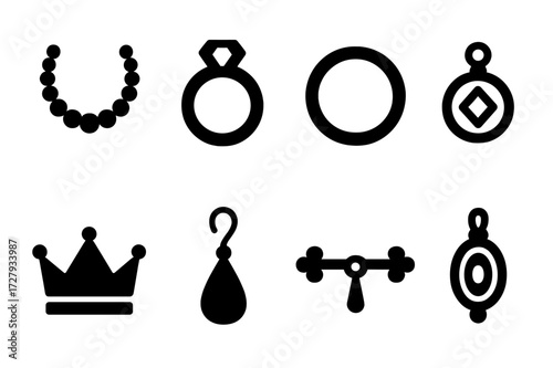 Ancient Jewelry Icons. Solid, filled icon set of ancient jewelry: necklace, ring, bracelet, amulet, crown, earring, brooch, pendant. [Line icons in only black