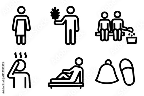 Banya Icon Set. Solid, filled icon set of banya guests: person with towel, person with venik, group sitting, person pouring water, person cooling off, person