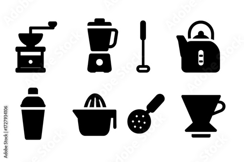 Beverage Tool Icons. Solid, filled icon set of beverage preparation tools: coffee grinder, blender, milk frother, kettle, cocktail shaker, juicer,