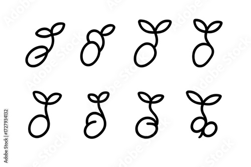 Sprouting Bean Icons. Solid, filled icon set of sprouting beans: green bean sprout, mung bean sprout, chickpea sprout, lentil sprout, soybean sprout, pea