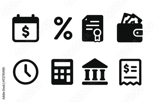 Loan Payment Icons. Solid, filled icon set of loan payment terms: calendar with dollar sign, percentage rate, contract, wallet with money, clock, calculator,