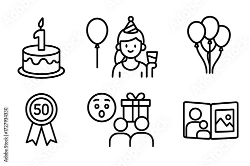 Birthday Milestone Icons. Outline icon set of birthday milestones: first birthday, sweet sixteen, adult celebration, retirement party, milestone age, surprise