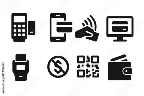 Card Payment Icons. Solid, filled icon set of card payment methods: POS terminal, mobile payment, NFC payment, online payment, chip reader, cashless, QR code,