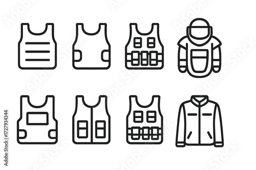 Police Armor Icons. Outline icon set of police body armor: ballistic vest, stab vest, tactical vest, bomb suit, riot vest, patrol vest, SWAT vest, protective