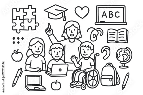 Inclusive Learning Doodles. Hand-drawn doodle illustration Collaborative inclusive learning group of students, teacher, puzzle pieces, graduation cap, heart,