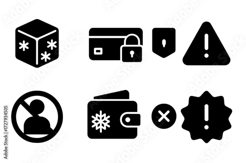 Freeze Alert Icons. Solid, filled icon set of freeze alert: ice block, padlock on card, locked safe, alert sign, restricted access, frozen wallet, canceled