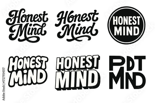 Creative Lettering Grid. Honest Mind. Set lettering. harmonious lettering variations of the same emblematic concept (Whimsical curly type with flourishes, Bold