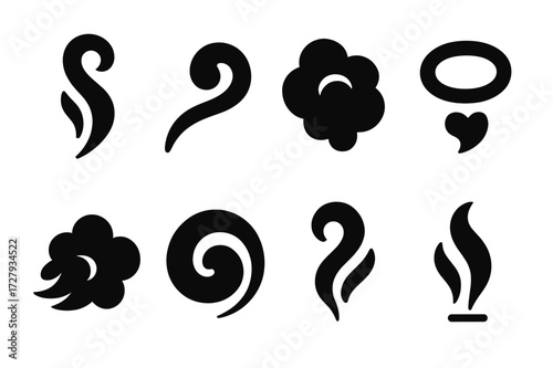 Smoke Effect Icons. Solid, filled icon set of smoke effects: swirling smoke, smoke trail, puff of smoke, smoke ring, smoke wave, cloud burst, smoky swirl,