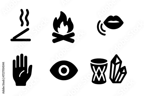 Vitality Ritual Icons. Solid, filled icon set of vitality rituals: incense smoke, ritual fire, sacred circle, chanting lips, open palm, spirit eye, drum,