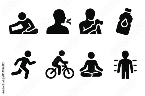 Cool Down Icons. Solid, filled icon set of cool down techniques: static stretch, breathing exercise, muscle massage, hydration, light jogging, slow cycling,