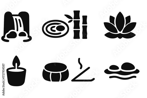 Spa Icon Set. Solid, filled icon set of spa environment: waterfall, zen garden, bamboo, lotus flower, soft lighting, meditation cushion, incense stick,