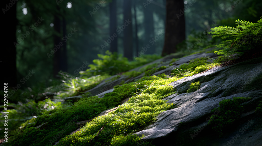 Obraz premium Sunlit Forest: A captivating scene unveils a forest floor in the middle of a shaded forest. The photo show the sun illuminates the vibrant green moss-covered rocks.