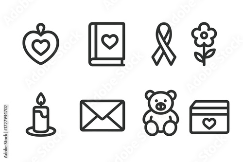 Sentimental Objects Icons. Outline icon set of sentimental objects: locket, diary, ribbon, flower, candle, letter, teddy bear, keepsake box. Line icons in only