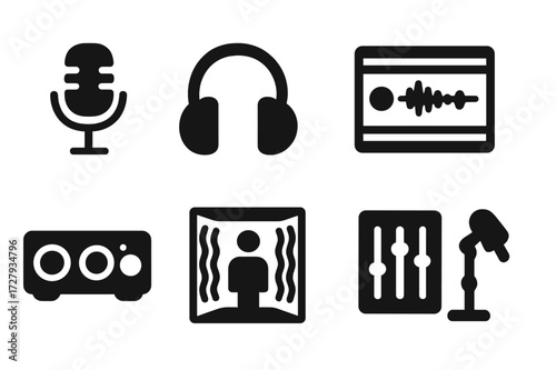 Audio Recording Icons. Solid, filled icon set of audio recording: microphone, headphones, audio interface, recording software, soundproof room, mixer, pop