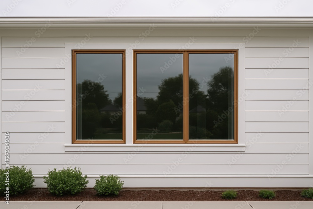 Obraz premium Modern home facade with picture windows and fresh vinyl siding under clear daylight