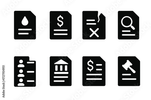 Liquidation Document Icons. Solid, filled icon set of liquidation documentation: liquidation report, financial statement, contract termination, audit